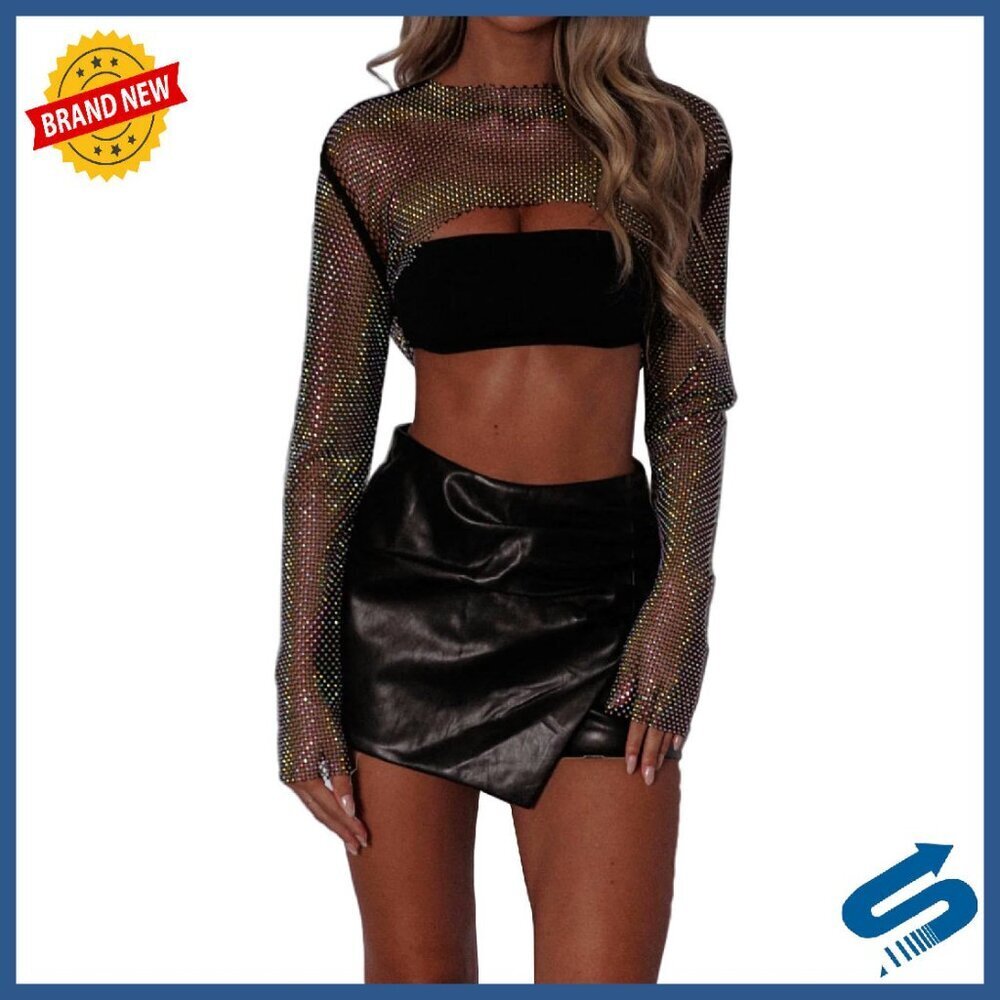 Mesh Rhinestone Crop Top Long Sleeve Rave Festival Outfit